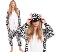 nikcorp - Schlafanzug Damen Kinder, Jumpsuit Pyjama Damen, Onesie Kostüm Cosplay - aus weichem, warmem Material - Größen für Kinder und Erwachsene - Zebra, Schwarz-Weiß, L