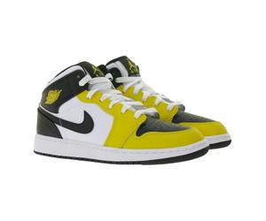 NIKE Air Jordan 1 Mid Kinder Sneaker Mädchen und Jungen Echtleder Turnschuhe Mid-Top Sneaker DQ8423-701 Gelb/Weiß/Schwarz 38