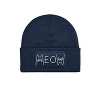 NIMAMA Kinder Mütze Beanie Meow Katze Wintermütze Statement Spruch Print Geschenk Unisex Strickmütze für Jungen und Mädchen - Navyblau