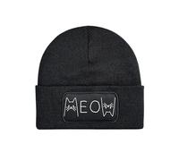 NIMAMA Kinder Mütze Beanie Meow Katze Wintermütze Statement Spruch Print Geschenk Unisex Strickmütze für Jungen und Mädchen - Schwarz
