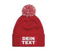 NIMAMA Personalisierte Mütze Beanie mit eigenem Text Bedrucken Lassen - Herren & Damen Strickmütze Wintermütze mit Bommel als Geschenk - Statement Lustiger Spruch Fun Mütze für Männer & Frauen - Rot