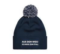 NIMAMA Pferd Beanie Mütze AUS DEM Weg ICH MUSS ZUM STALL - Damen Bommel Wintermütze mit Statement - Lustiger Spruch Strickmütze - Wollmütze als Geschenk für Frauen und Mädchen - Navyblau