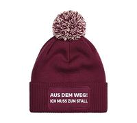 NIMAMA Pferd Beanie Mütze AUS DEM Weg ICH MUSS ZUM STALL - Damen Bommel Wintermütze mit Statement - Lustiger Spruch Strickmütze - Wollmütze als Geschenk für Frauen und Mädchen - Burgund