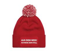 NIMAMA Pferd Beanie Mütze AUS DEM Weg ICH MUSS ZUM STALL - Damen Bommel Wintermütze mit Statement - Lustiger Spruch Strickmütze - Wollmütze als Geschenk für Frauen und Mädchen - Rosa