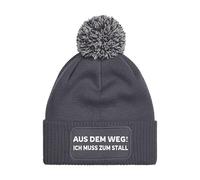 NIMAMA Pferd Beanie Mütze AUS DEM Weg ICH MUSS ZUM STALL - Damen Bommel Wintermütze mit Statement - Lustiger Spruch Strickmütze - Wollmütze als Geschenk für Frauen und Mädchen - Dunkelgrau
