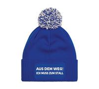 NIMAMA Pferd Beanie Mütze AUS DEM Weg ICH MUSS ZUM STALL - Damen Bommel Wintermütze mit Statement - Lustiger Spruch Strickmütze - Wollmütze als Geschenk für Frauen und Mädchen - Royalblau