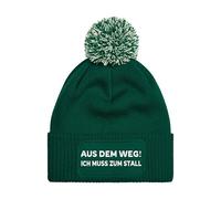 NIMAMA Pferd Beanie Mütze AUS DEM Weg ICH MUSS ZUM STALL - Damen Bommel Wintermütze mit Statement - Lustiger Spruch Strickmütze - Wollmütze als Geschenk für Frauen und Mädchen - Flaschengrün