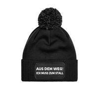 NIMAMA Pferd Beanie Mütze AUS DEM Weg ICH MUSS ZUM STALL - Damen Bommel Wintermütze mit Statement - Lustiger Spruch Strickmütze - Wollmütze als Geschenk für Frauen und Mädchen - Schwarz
