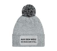 NIMAMA Pferd Beanie Mütze AUS DEM Weg ICH MUSS ZUM STALL - Damen Bommel Wintermütze mit Statement - Lustiger Spruch Strickmütze - Wollmütze als Geschenk für Frauen und Mädchen - Garumeliert