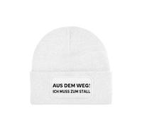 NIMAMA Pferd Beanie Mütze AUS DEM Weg ICH MUSS ZUM STALL Lustiger Spruch Damen Wintermütze Statement Strickmütze für Frauen Wollmütze als Geschenk - Weiß