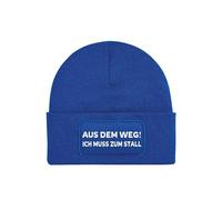NIMAMA Pferd Beanie Mütze AUS DEM Weg ICH MUSS ZUM STALL Lustiger Spruch Damen Wintermütze Statement Strickmütze für Frauen Wollmütze als Geschenk - Royalblau