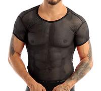 Nimiya Herren Hemd Durchsichtig Sexy Unterhemd Kurzarm V-Ausschnitt T-Shirt Netzhemd Dessous Erotisch Reizwäsche Freizeit Clubwear Nachtclub Partywear Schwarz M