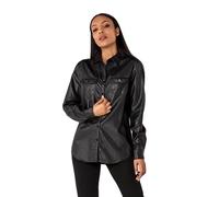 Nina Carter 8439 Damen Hemd in Lederoptik mit Langarm V-Ausschnitt und Knopfleiste Kunstleder Oberteil, Schwarz (8439), L