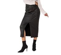 Nina Carter P215 Damen High Waist Wadenlanger Leder-Optik Rock mit Vorderem Schlitz Langer Rock Reißverschluss Stretch Lederlook, Schwarz (LP215), XXL