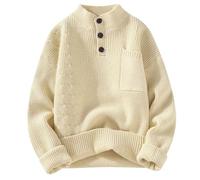 Ninedayx Pullover für Herren, Winterpullover, Herren-Strickpullover, Herren-Strickpullover, Henley-Langarm-Thermo-Langarm-Tops, einfarbige Oberteile mit Tasche, A336 Beige, 3XL