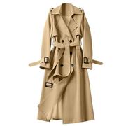 Ninedayx Trenchcoat für Damen, Sommerjacken für Damen, UK-Zweireihiger Mantel, Damenmantel, Übergröße, Kleidung für Damen, Wasserfallmantel, elegante einfarbige lange Jacken mit Gürtel, A198 Khaki, XL