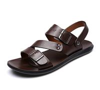Ninepointninetynine Komfort-Sandalen for Herren, Doppelschnalle, echtes Leder, offene Zehen, einfarbig, rutschfeste Wandersandalen (Color : Braun, Size : 43 EU)