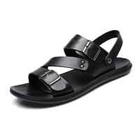 Ninepointninetynine Komfort-Sandalen for Herren, Doppelschnalle, echtes Leder, offene Zehen, einfarbig, rutschfeste Wandersandalen (Color : Schwarz, Size : 42 EU)