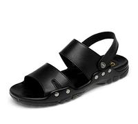 Ninepointninetynine Lässige Herren-Sandalen mit offenem Zehenbereich, Leder, verstellbarer Knöchelriemen, Strandsandale, rutschfeste Wandersandalen (Color : Schwarz, Size : 50 EU)