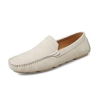 Ninepointninetynine Smoking Loafer Driving Mokassins für Herren Echtes Leder Nähte Details Runde Zehe Gummisohle Einfacher Flacher Absatz Leicht Flexibel Beständig, beige, 43.5 EU