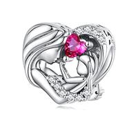 NINGAN 925 Sterling Silber Perlen Herz Charms von Mutter und Baby Glänzender Rubin Lady Armband Charm Geschenk für Mama