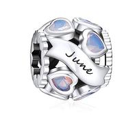 NINGAN Birthstone Charms für Armbänder Charm 925 Sterling Silber Openwork Perlen Charms, Liebesherz Charms für Armbänder und Halsketten（Juni）