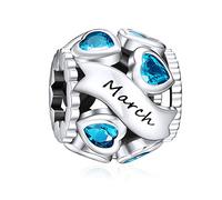 NINGAN Birthstone Charms für Armbänder Charm 925 Sterling Silber Openwork Perlen Charms, Liebesherz Charms für Armbänder und Halsketten（März）