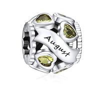 NINGAN Birthstone Charms für Armbänder Charm 925 Sterling Silber Openwork Perlen Charms, Liebesherz Charms für Armbänder und Halsketten（August）