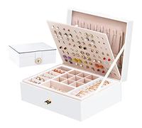 Ninonly Schmuckkästchen Teenager Mädchen Schmuckkasten Mit 2 Ebenen Schmuckaufbewahrung Schmuckkästchen Ohrringe Mädchen Pu-leder Schmuckkasten für Ohrringe,Ringe, Armbänder Weiß