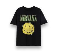 Nirvana Herren T-Shirt | Kurzarm-Grafik-T-Shirt für Erwachsene in Schwarz | Klassisches Grunge Abgenutzt Grün Band Logo Aufdruck & Gesicht Bekleidungs Oberteil | Vintage Rockband Merchandise Geschenk