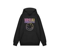 Nirvana Kapuzenpullover | Klassisches Oberteil mit mehrfarbigem Musikband-Logo in Schwarz | Langarmpullover mit Vordertasche | Unisex-Erwachsene Freizeitkleidung | Band-Merchandise-Sweatshirt