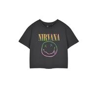 Nirvana Kurzärmeliges Damen-T-Shirt, bauchfreies Oberteil mit Regenbogen-Logo, Grunge-Band, Vintage-Bekleidung, Musikartikel, Geschenk für Damen, grau, Small