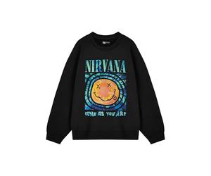 Nirvana Langarm-Grafik-T-Shirt mit Logo | Klassisches Musikband Merch Schwarzes Top | Pull-On-Shirt mit Rundhalsausschnitt für Unisex-Erwachsene | Kommen Sie, wie Sie sind. Design