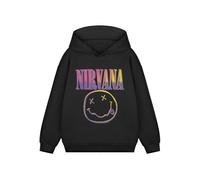 Nirvana Langarmshirt mit Kapuze für Kinder | Schwarzer mehrfarbiger Text-Pullover mit Musikband-Logo | Klassisches Band-Merchandise | Lässiges Grafik-T-Shirt für Unisex-Kinder