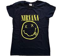 Nirvana T Shirt Gelb Smile Band Logo Nue offiziell Damen Skinny Fit Navy Blau XL