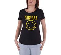 Nirvana T-Shirt mit gelbem Smile-Band-Logo, offizielles Damen-T-Shirt, schmale Passform, Schwarz, Schwarz, L