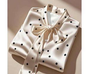 Nische Design Polka Dot Satinbluse, Schleifenkragen, Glockenärmel, elegantes luxuriöses Slim Fit Bürohemd für Frauen im Frühling