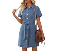 Nitzana Damen Jeanskleid Kurzarm Jeanskleid Denim Hemdkleider Western Cowgirl Country Outfits mit Tasche 2026, Hell, blau, Klein