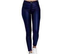 NIULI Damen Lederhose PU Leder Kunstlederhose Hose In Leder Optik Bis Übergrösse Gefütterte Damenhose Leggings Kunstleder-Hose Damen PU-Lederjeans(Blue,L)