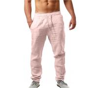NIULI Lange, Leichte Leinenhose for Herren, Lässige Sommerhose Mit Elastischem Bund Und Kordelzug, for Strandurlaub, Mittelalter, Vintage Und Den Täglichen Gebrauch(Pink,XL)