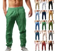 NIULI Leinenhose Herren a Freizeithose Bequeme Atmungsaktiv Leicht Sommerhose Mit Kordelzug Und Taschen Loungewear S-5XL(Green 1,L)