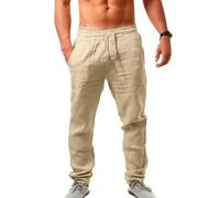 NIULI Leinenhose Herren a Leichte Sommerhose Herren Slim Fit Freizeithose Mit Taschen Elastischer Bund Urlaub Strand Yoga Hosen Männer Hosen S-5XL(Khaki 1,M)