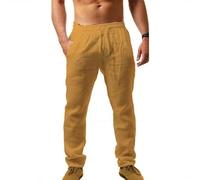NIULI Leinenhose Herren Einfarbiges Leicht Sommerhose Atmungsaktiv Komfortabel Freizeithose Mit Kordelzug Casual Strandhosen Taschen S-5XL(Yellow,XXL)