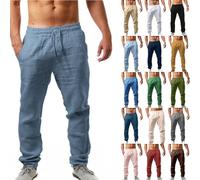 NIULI Leinenhose Herren Einfarbiges Leicht Sommerhose Atmungsaktiv Komfortabel Freizeithose Mit Kordelzug Casual Strandhosen Taschen Outdoorhose S-5XL(Blue 3,M)