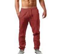 NIULI Leinenhose Herren Einfarbiges Leicht Sommerhose Atmungsaktiv Komfortabel Freizeithose Mit Kordelzug Casual Strandhosen Taschen Outdoorhose Elastischer Sommer Anzug S-5XL(Rouge,L)