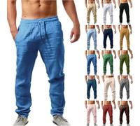 NIULI Leinenhose Herren,Leichte Sommerhose,a Slim Fit Leinenhose Mit Tunnelzug Und Taschen Für Urlaub Strand Yoga Alltag S-5XL(Blue 2,3XL)