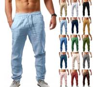 NIULI Leinenhose Herren,Leichte Sommerhose,a Slim Fit Leinenhose Mit Tunnelzug Und Taschen Für Urlaub Strand Yoga Alltag S-5XL(Blue 1,XXL)
