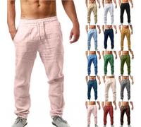 NIULI Leinenhose Herren Leichte Sommerhose Baggy Jogginghose Freizeithose Mit Kordelzug Baumwolle Leinen Strandhosen Elastischer Bund Stoffhose(Pink,XXL)