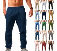 NIULI Leinenhose Herren Leichte Sommerhose Baggy Jogginghose Freizeithose Mit Kordelzug Baumwolle Leinen Strandhosen Elastischer Bund Stoffhose(Navy Blue,L)