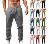NIULI Leinenhose Herren Leichte Sommerhose Baggy Jogginghose Freizeithose Mit Kordelzug Baumwolle Leinen Strandhosen Elastischer Bund Stoffhose(Grey,M)